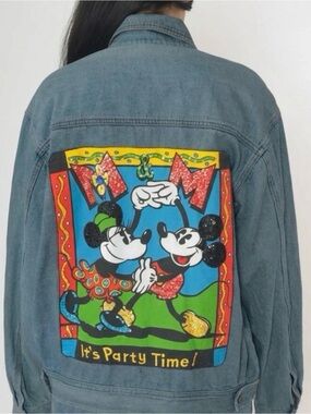 Disney Blue Jean Jacket with Colorful Mickey & Minnie Back Patch